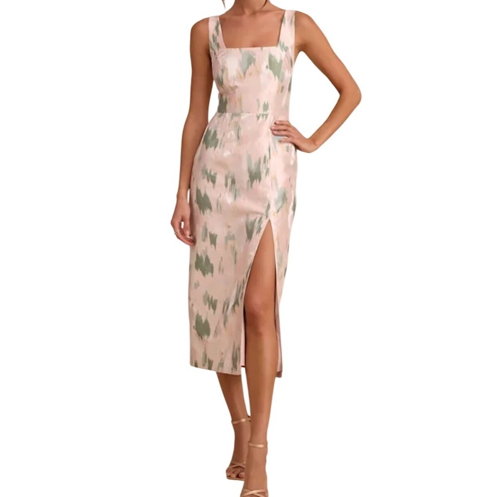 NWT Lulus Diani Blush Abstract Jacquard Column Midi Dress L Pink Green Gold